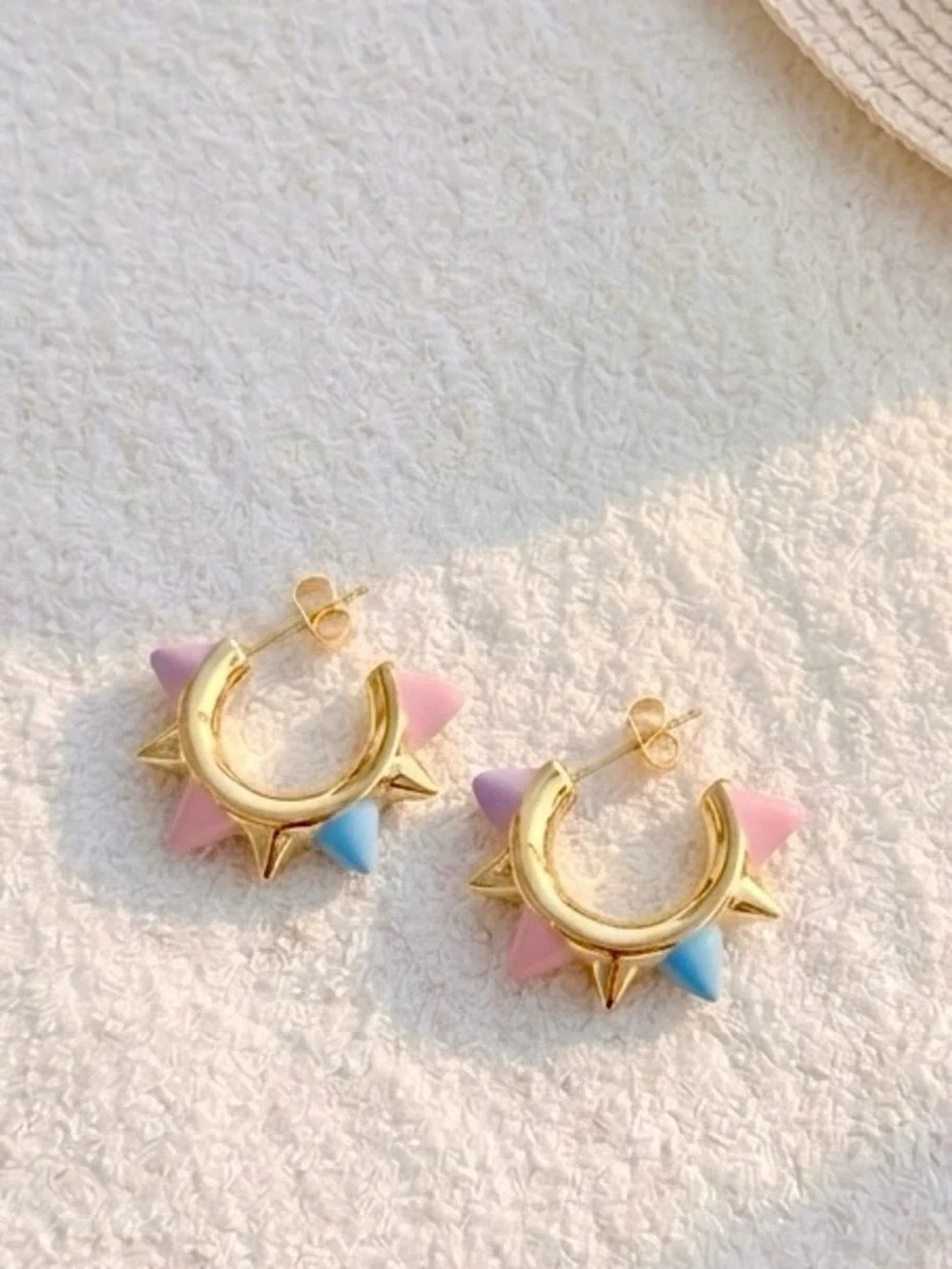 14K Gold Plated Pastel Spike C Hoop Stud Earrings Water Resistant Lightweight